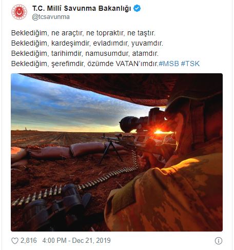 Milli Savunma Bakanlığından Mehmetçik nöbetine şiirli paylaşım